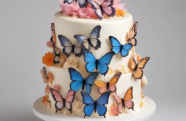 A heart-shaped cake topper made of a transparent material features floral embellishments and the printed text 'Mr. & Mrs. Paz 11/21/20'. It is placed on top of a white frosted cake with blue decorative elements. The background is warmly lit, creating an inviting and celebratory atmosphere.