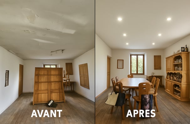 Plafond tendu blanc mat et spots intégrés dans salle à manger
