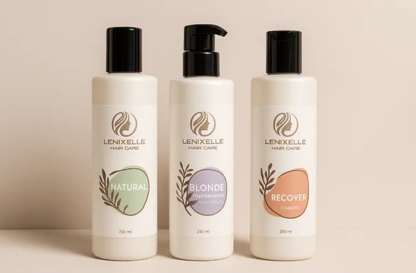 Composición horizontal con productos Lenixelle Hair Care que muestra coherencia visual