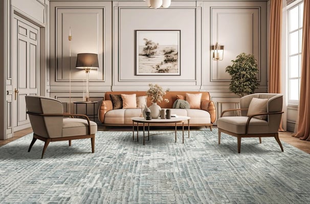 tan and cream living room chairs on top of green rug