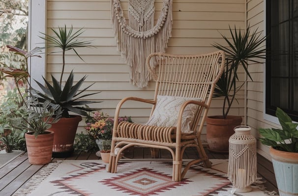 A porch corner styled with a low rattan chair, a macramé wall hanging, and a patterned rug, surround