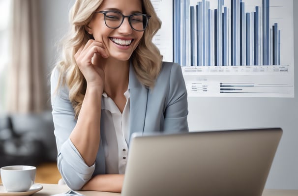 a smart woman sitting at a table using a laptop computer