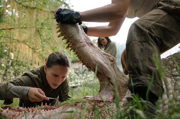 Scene of Natalie Portman as Lena taking samples from a crocodile corpse in the movie Annihilation