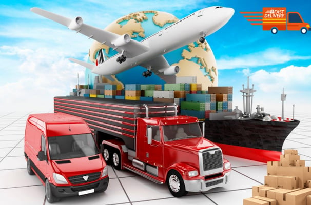 a truck with a cargo ship in the background