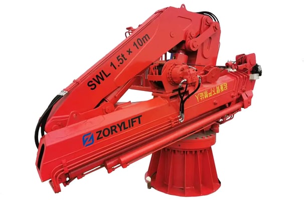 Custom red ZORYLIFT pedestal-mounted hydraulic knuckle boom crane. SWL: 1.5T @ 10m max working radius.