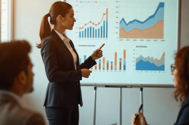 A girl pointing at a screen showing graphs and numbers