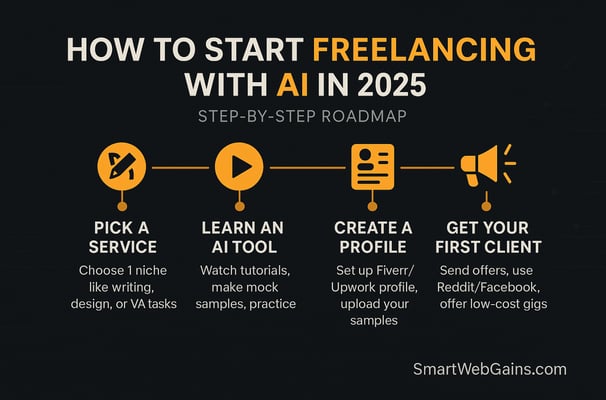 Step-by-step roadmap for starting freelancing with AI in 2025 – pick a service, learn an AI tool, cr