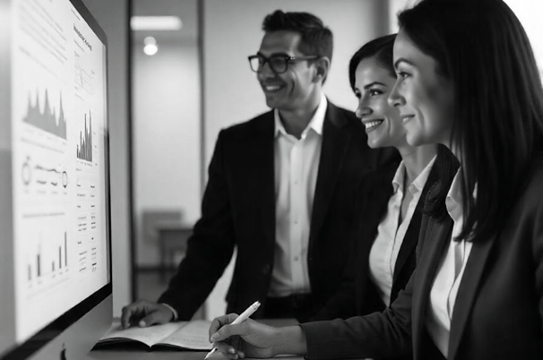 A team of people looking at a computer screen which has financial reports