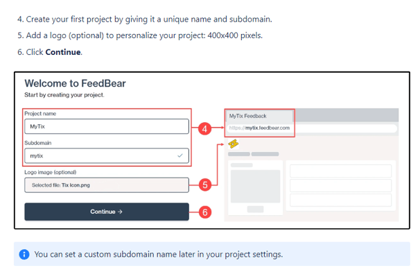 Image of user guide writing sample from Glen Cadorette: Create You First Project page.
