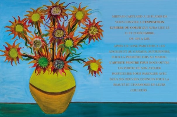 Lumiere du Coeur flyer image with SUnflowers Oil Painting by Yous with invitation text on the right