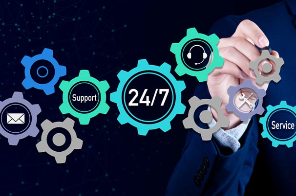 Hand interacting with digital gears labeled 24/7, support, and service — representing continuous technical assistance and cus