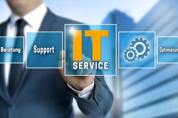 Businessman activating IT services interface with icons for support, infrastructure, and optimization