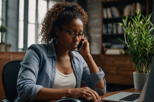 a woman sitting at a desk with a laptop and a phone