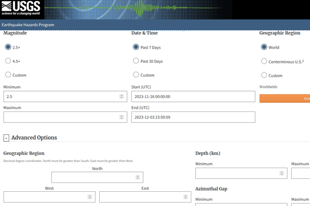 USGS earthquake search sample input form page.