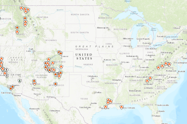 INCIweb fire map sample image from December 2023 of larger fires in the US.
