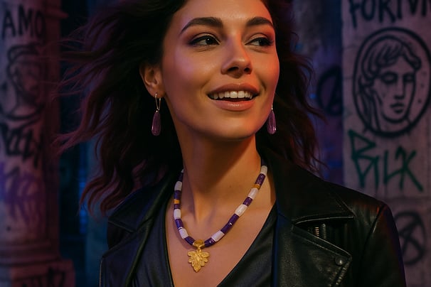 a woman in a black leather jacket and a necklace