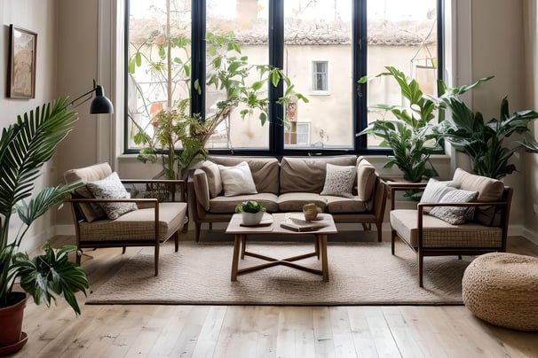 Skandinavisches Wohnzimmer mit Holzmöbeln und Bodenkissen, Pflanzen, großes Fenster