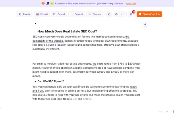 Screenshot of a real estate SEO costs webpage being edited in Wordtune