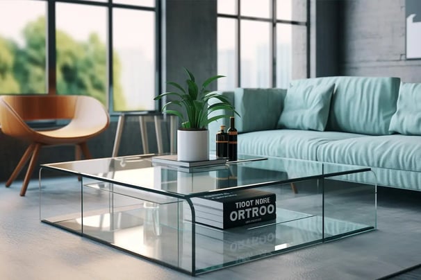 tempered glass coffee table with blue couch and orange chair