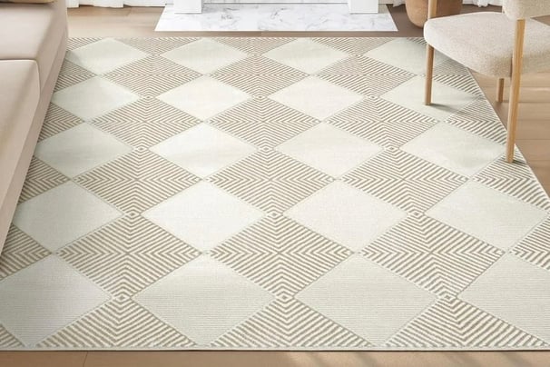 diamond print rug, checkered rug, brown checkered rug, neutral rug