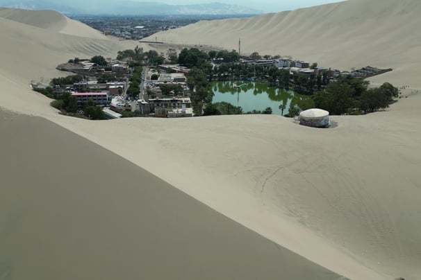 Aerial Drone Shot of Huacachina Oasis Peru