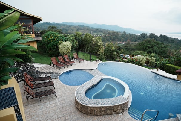 The Scenic view of pool and landscapes of Hotel Linda Vista in the morning with whereiskay
