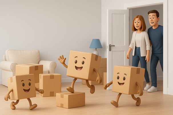 Illustration 3D d’un couple découvrant avec joie des cartons animés et souriants en plein emménagement dans un salon, symboli