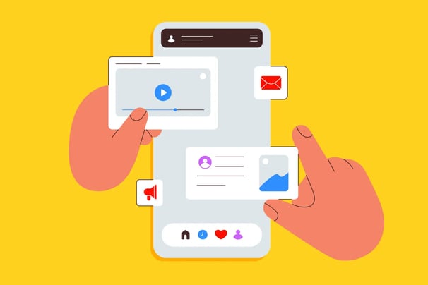 mobile content icons representing social media engagement, influencer communication