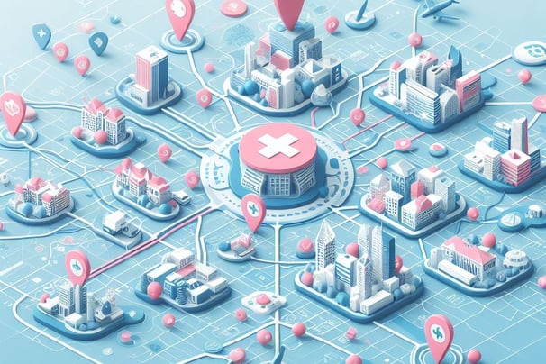 a map of a city connecting different healthcare institutions