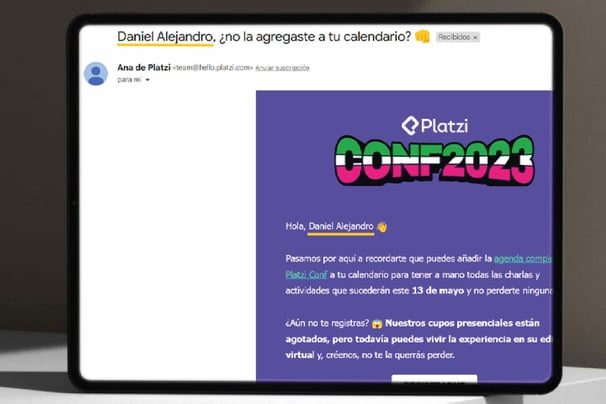 Ejemplo de email personalizado con nombre del destinatario para evento Platzi Conf 2023