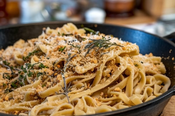 a pan of pasta with cheese and herbs