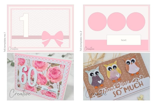 Top left card making sketch: Pink and white birthday card template with a large "1" and bow. Top rig