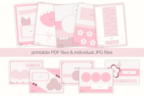 Collage of pink and white card making templates with floral and geometric designs. Includes both cir