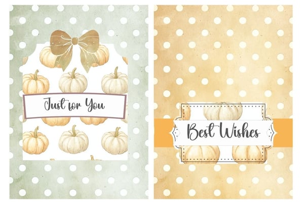 Image of two greeting cards with a polka dot background. Warm, festive feel.