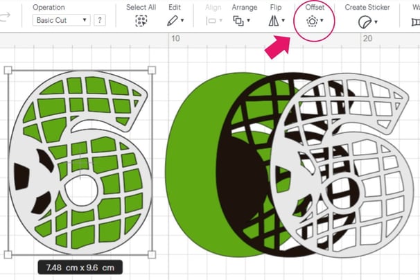 Digital design showing a layered number 6 with grid and soccer ball patterns. Layers include black a