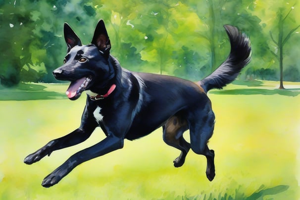 Watercolor illustration of a black colored Carolina Dog mid-leap catching a frisbee in an impression