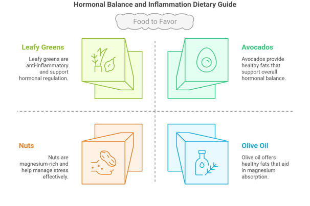 a diagram of food to favor in hormonal balance and inflammation dietary guide