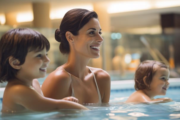 a mother and her young children playing in the indoor pool of a Holiday Club Spa Hotel