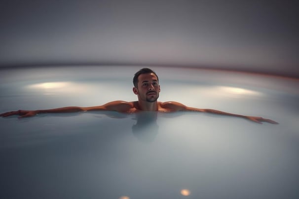 "An athlete in a serene, dimly lit sensory deprivation tank, suspended in warm saltwater, with soft,