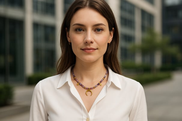 a woman in a white shirt and a necklace with a gold necklace