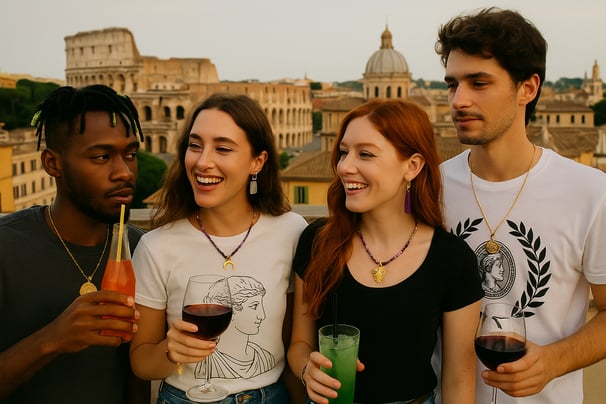 a group of people standing around a table with drinks