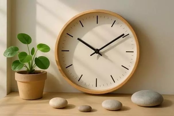 Relógio de parede com plantas e pedras decorativas ao redor, simbolizando gestão do tempo e equilíbrio.