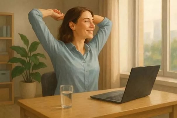 Mulher sorridente esticando os braços sentada na cadeira do escritório, simbolizando bem-estar e energia no trabalho.
