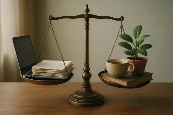 Balança equilibrando um laptop e livros de um lado e plantas do outro, simbolizando equilíbrio entre trabalho e bem-estar.