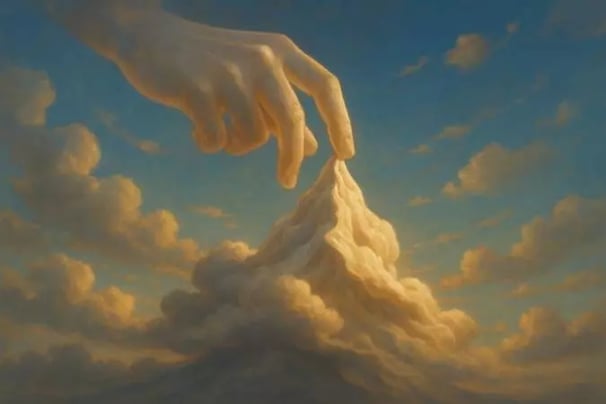 Mãos moldando uma nuvem no céu, simbolizando a criatividade e o poder transformador do sonho lúcido.