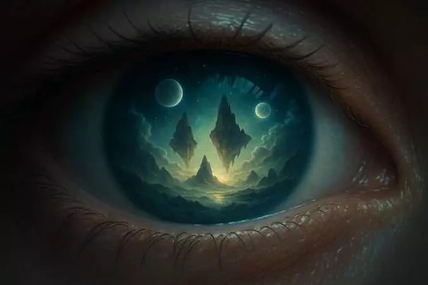 Close-up de um olho com uma paisagem onírica refletida na íris, simbolizando a consciência e a exploração dos sonhos lúcidos
