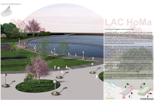 a landscaped image of a lake with a large circular shaped area