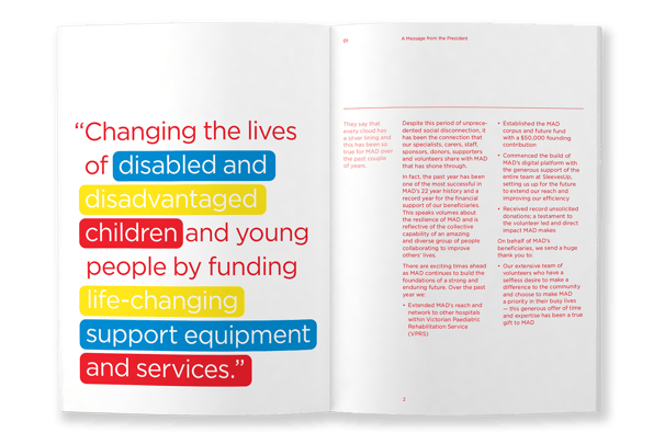 MAD Foundation Annual Report, typesetting by Michelle Pirovich, Squeezebox