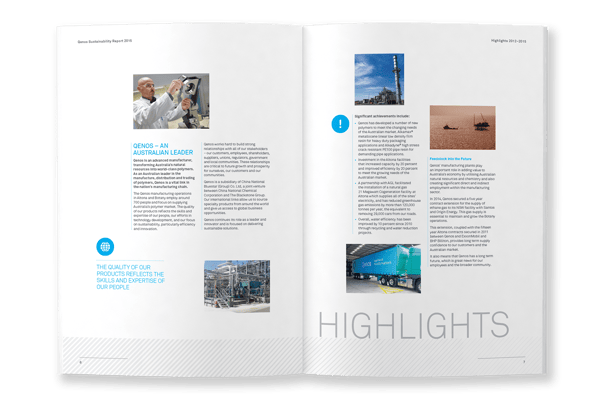Qenos sustainability report, typesetting by Michelle Pirovich, Squeezebox