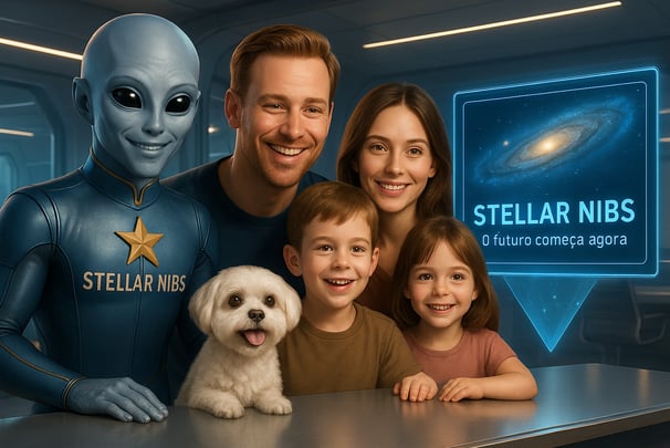 Extraterrestre e humanos interagindo em escritório futurista Stellar Nibs